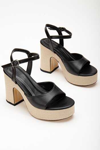 Dilimler Ayakkabı Straw Coated Sole Hard Hat Skin Black Women's Platform Heel Shoes