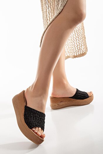 Dilimler Ayakkabı Knitted Tekband Patterned Sole Black Women's Wedge Sole Slippers