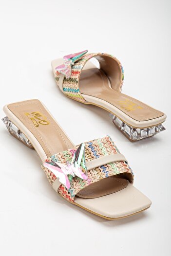 Dilimler Ayakkabı Nude Colorful Butterfly Patterned Women's Short Heeled Straw Slippers