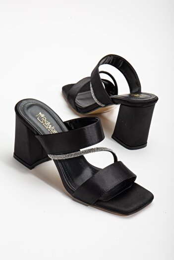 Dilimler Ayakkabı Satin Two-Striped Cross Stripe Stone Black Women's Heeled Slippers