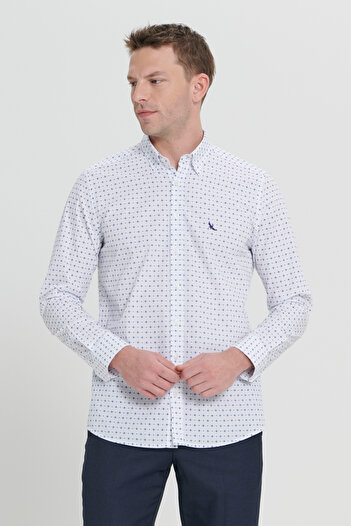 ALTINYILDIZ CLASSICS Ανδρικό λευκό-μπλε Slim Fit Slim Fit 100% βαμβακερό πουκάμισο με κρυφό γιακά με κουμπιά