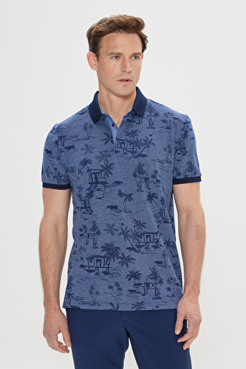 ALTINYILDIZ CLASSICS Men's Indigo Slim Fit Slim Fit 100% Cotton Patterned Polo Collar T-Shirt