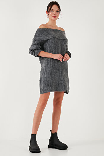 Lela Oversize Fit Kayık Yaka Uzun Kollu Mini Triko Elbise  ELBİSE 4615218