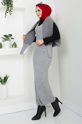 ModaMerve Gray Striped Knitwear Set - 9003Uz1029-M