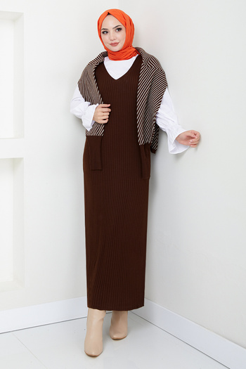 ModaMerve 9003Uz1029-M Model Striped Knitwear Set - Brown