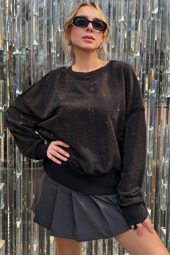 RICH GLAM Crystal Stone Loose Cut Oversize Μεγάλο Μέγεθος Τριών Κλωστών Βαμβακερό Άνετο Κομψό Φαρδύ Μαύρο Γυναικείο Φούτερ