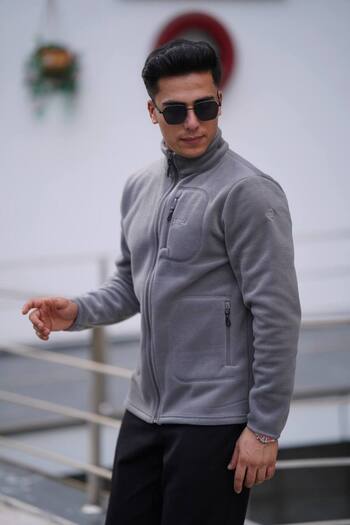 Est Estola Men's Winter Gray Fleece Jacket - Thick Full Zip, 3 Pockets, Cotton Fabric