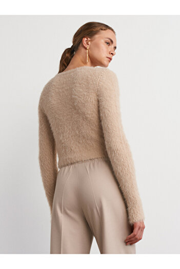 Dilvin 10659 Beige Crew Neck Soft Shiny Knitwear Sweater