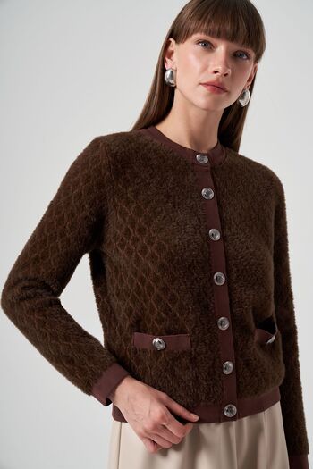 Lale Butik Nuss Knitwear Κοντή Ζακέτα - Λεπτομέρεια με Κουμπί, Καφέ 7001