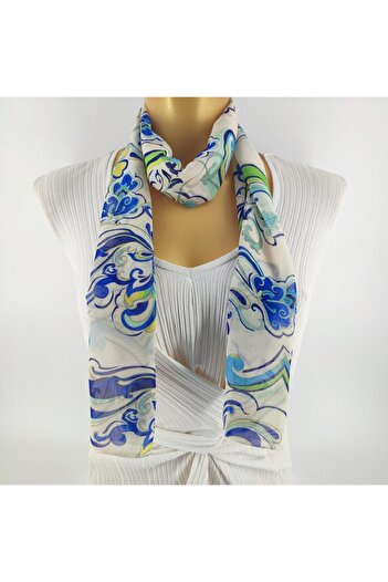 Tedz Collection Paredora Large Flower Printed Sapphire Cream Long Scarf