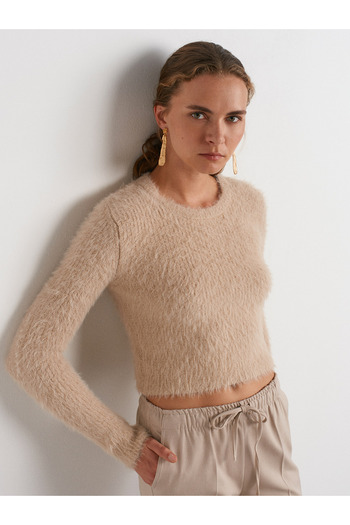 Dilvin 10659 Beige Crew Neck Soft Shiny Knitwear Sweater