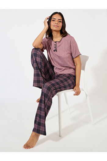 Take Two By Styli Rib Contrast Edge Placket T-Shirt & Check Pyjama Set