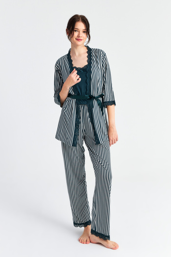 Ecrou Women's Emerald Stripe Dressing Gown Trousers 3-Piece Pajama Set