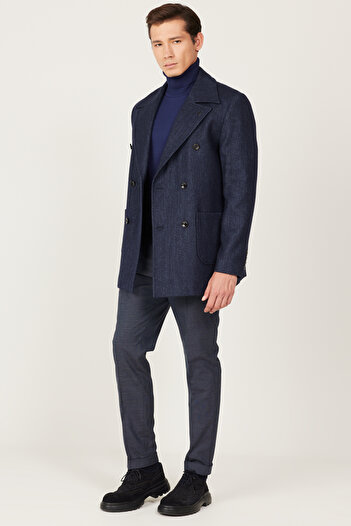 ALTINYILDIZ CLASSICS Men's Navy Blue Wool Standard Fit Regular Cut Mono Collar Patterned Coat