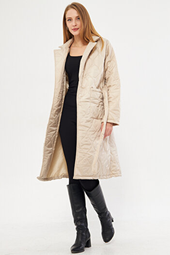 armonika Beige Men's Collar - Women's Quilted Coat with Belted Waist Pockets Arm-25K 106001