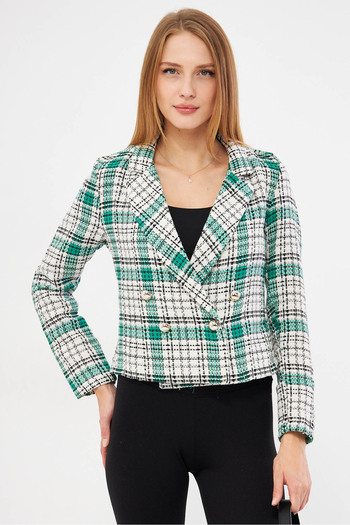 armonika Women's Black-Green Double Breasted Collar Tweed Crop Jacket Arm-24K 001014