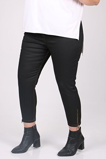 Eslina 9121-3 Large Size Matte Leather Look Skinny Leg Jeans - Black