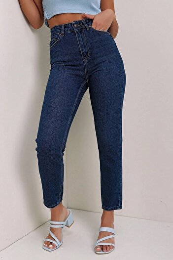 Trn JNS Lucy Boyfriend Σκούρο Μπλε Ψηλόμεσο Λύκρα Mom Jeans Παντελόνι