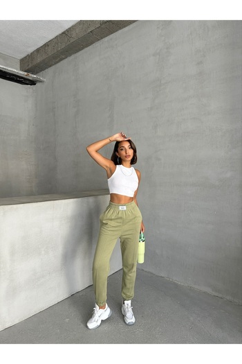 Cappmoda Eşf-09089 Khaki Jogger Sweatpants - Two Thread Grass, Label Detailed, Raised Seasonal Fabric