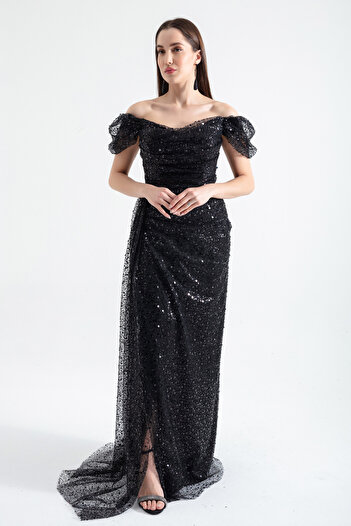 Lafaba Women's Black Boat Neck Long Evening Dress with Tail
