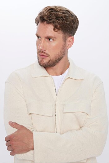 Tudors Unisex Relax Fit Relax Cut Double Pocket Zipper Ecru Knitted Shirt