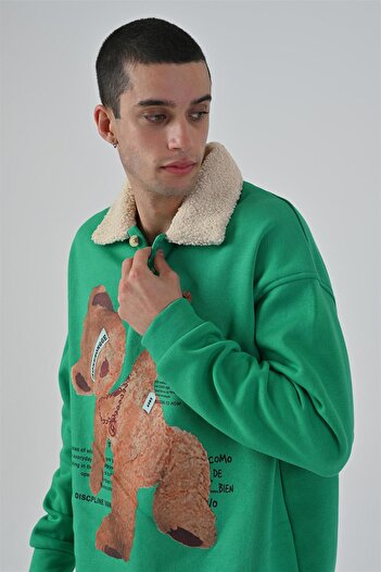 Rocqerx R-5679 Collar Furry Bear Printed 3 Thread Raised Sweatshirt