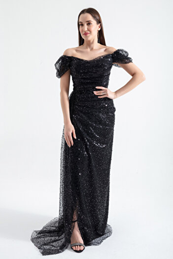 Lafaba Women's Black Boat Neck Long Evening Dress with Tail