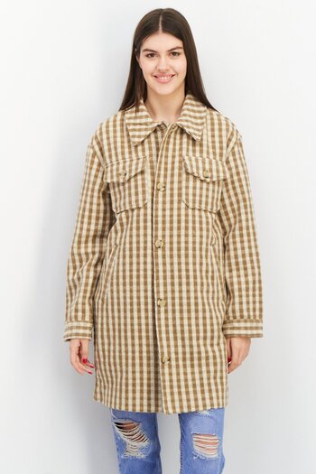 NA-KD Women Checkered Trench Coat, Beige