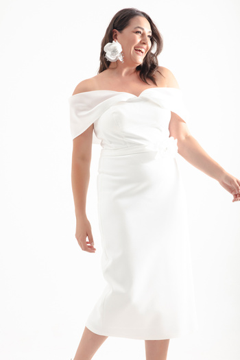Lafaba Plus Size White Midi Evening Dress with Bow - Boat Neck