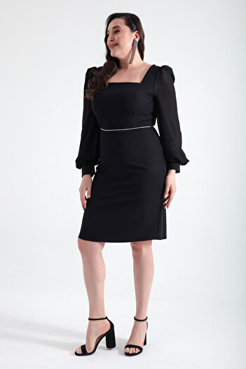 Lafaba Women's Black Square Collar Plus Size Midi Evening Dress