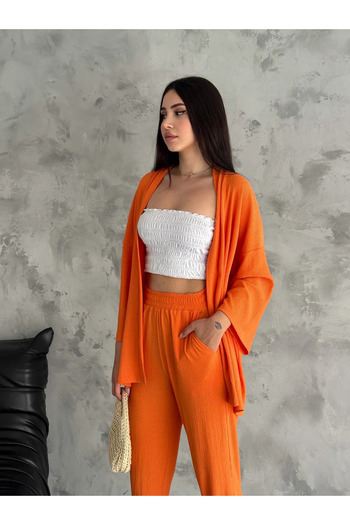 exxitcollection Women's Wrap Pocket Detail Open Front Kimono Double Set