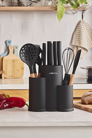 valletta Katanga Black 14 Piece Serving and Knife Set with Stand