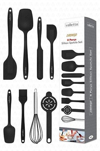 valletta Drongo 8-Piece Black Silicone Spatula Set - Heat Resistant, Fireproof and Non-Stick