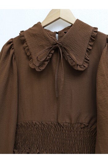 Modamorfo Elastic Waist Baby Collar Long Sleeve Blouse -K. Coffee