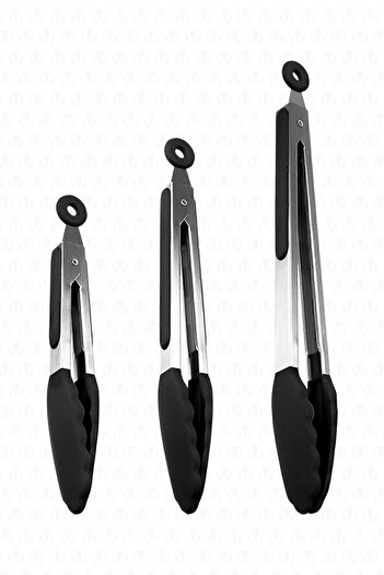 valletta Midori Metal Handle Silicone Tip Locking System Smart 3-Piece Tongs Set Black
