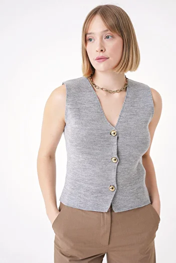 CHUBA Women's Gold Buttoned Textured Regular Fit Knitwear Vest Gray 25W3001