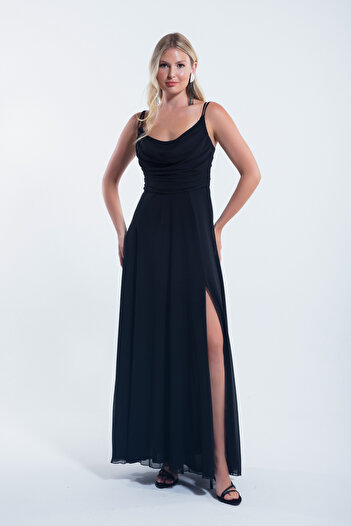 Lafaba Black Chiffon Strap Women's Evening Dress