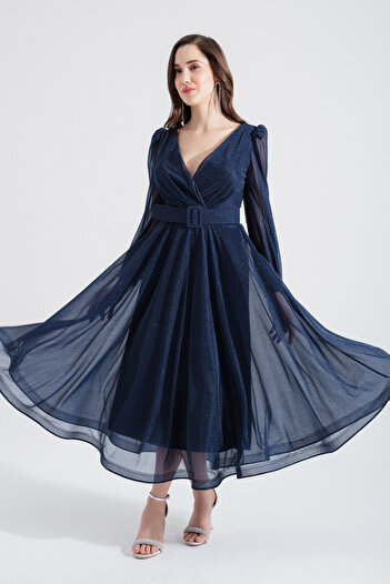Lafaba Women's Navy Blue Double Breasted Collar Belt Glitter Midi Evening Dress
