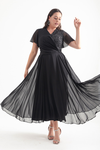 Lafaba Plus Size Black Glittered Double-Neck Long Evening Dress