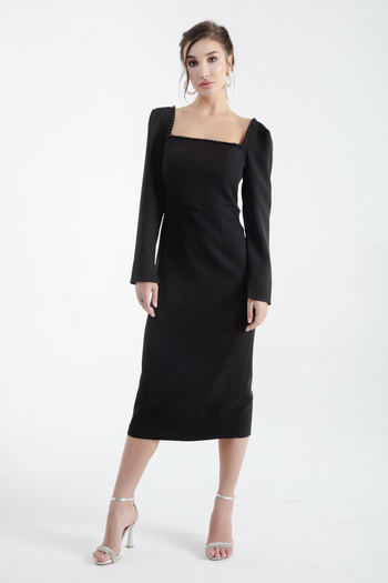Lafaba Women's Black Square Collar Pearled Midi Evening Dress