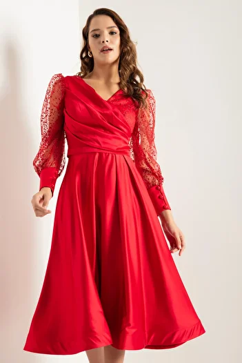 Lafaba Women's Red Double Breasted Collar Glitter Midi Satin Evening Dress