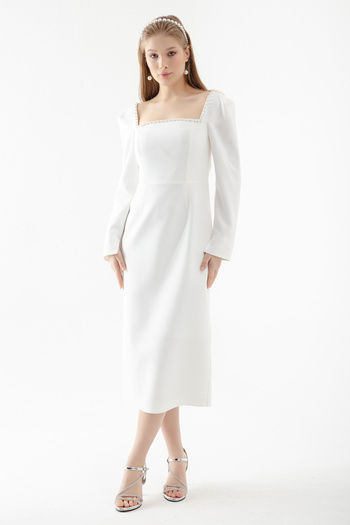 Lafaba Women's White Square Collar Pearled Midi Evening Dress