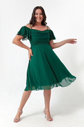 Lafaba Women's Emerald Green Strap Flared Cut Midi Plus Size Evening Dress