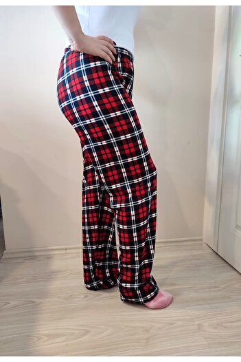 enmodaiçgiyim Navy Blue Square Patterned Suede Women's Pajama Bottoms