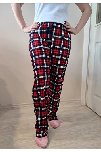 enmodaiçgiyim Navy Blue Square Patterned Suede Women's Pajama Bottoms