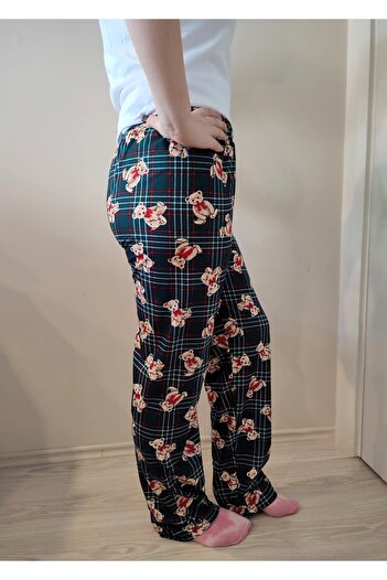 enmodaiçgiyim Green Teddy Bear Patterned Suede Women's Pajama Bottoms