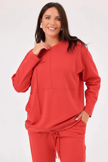 Gala-Xi Galaxi Women's Large Size Rose Embroidered Pocket Sweatshirt 4003 Red
