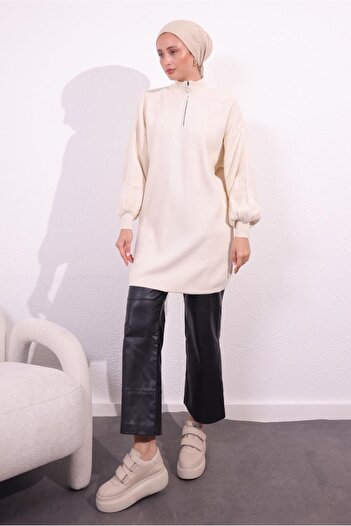 TRENDTESETTÜR Women's Ecru Zippered Knitwear Sweater t 8609
