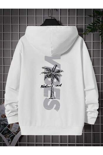 PENTHİLUS Λευκό φούτερ με κουκούλα Oversize - Vipes Palm Tree Printed