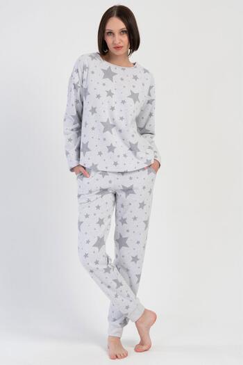 VİENETTA Women's Jacquard Long Sleeve Gray Pajamas Suit C2T3N0O204